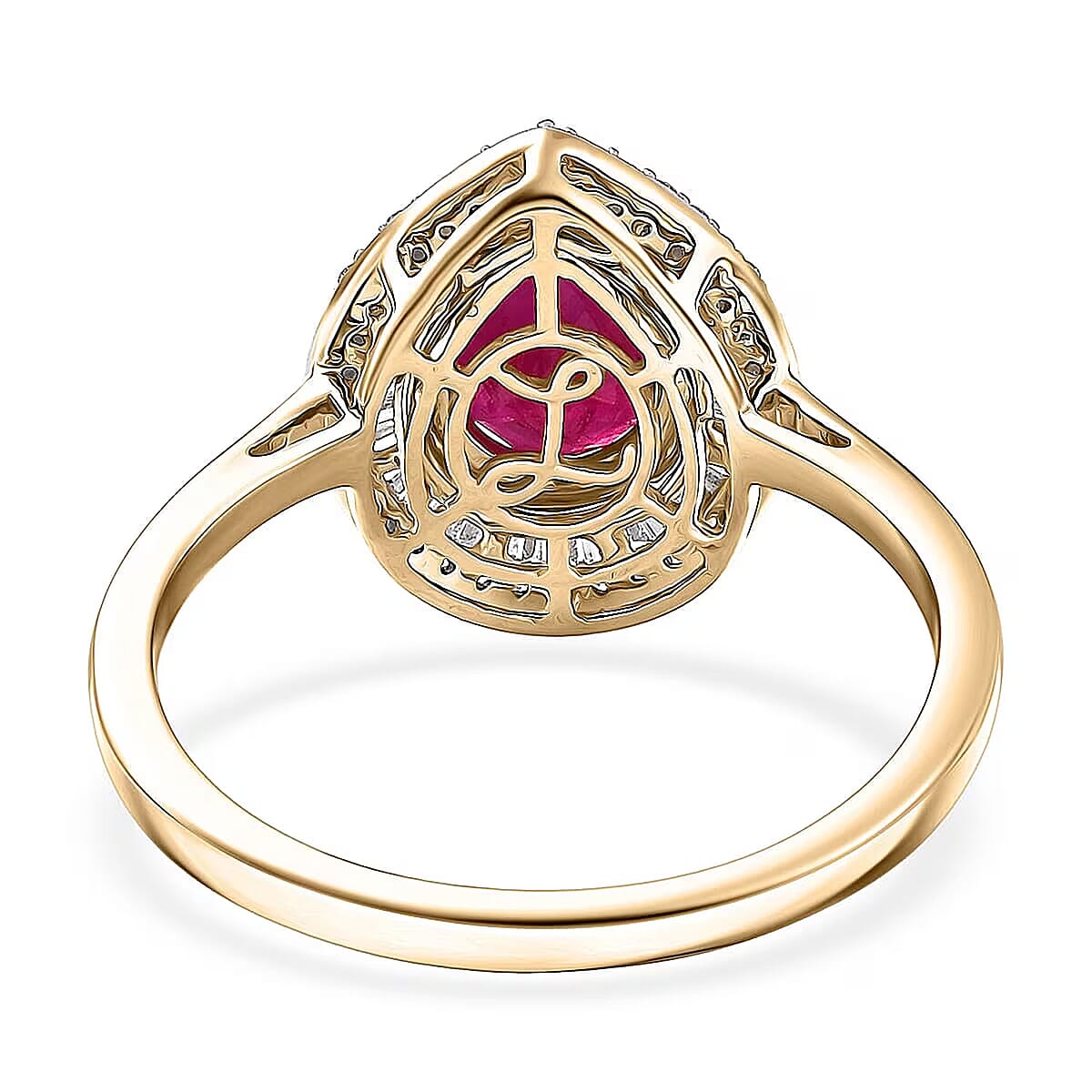Luxoro AAA Montepuez Ruby and Diamond I2 2.28 ctw Flame Pear Ring in 10K Yellow Gold (Size 10.0) image number 6