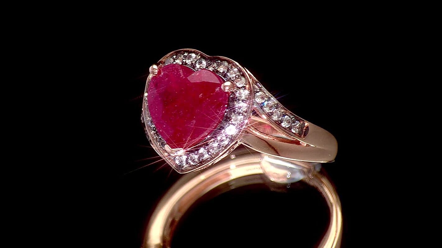 D'Joy Premium Niassa Ruby (FF), Champagne Zircon Bloodline Heart Ring in 18K Vermeil RG Over Sterling Silver (Size 10.0) 4.20 ctw