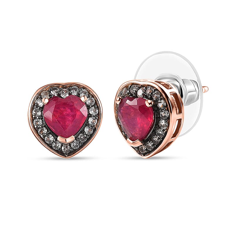 D'Joy Pemium Niassa Ruby (FF) and Champagne Zircon 2.85 ctw Bloodline Heart Earrings in 18K Vermeil Rose Gold Over Sterling Silver
