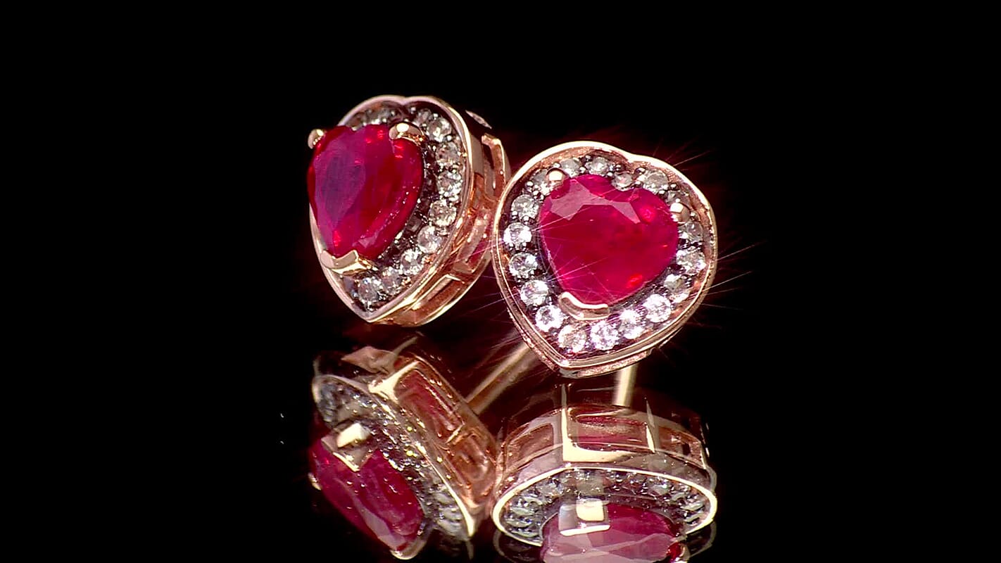 D'Joy Pemium Niassa Ruby (FF) and Champagne Zircon 2.85 ctw Bloodline Heart Earrings in 18K Vermeil Rose Gold Over Sterling Silver