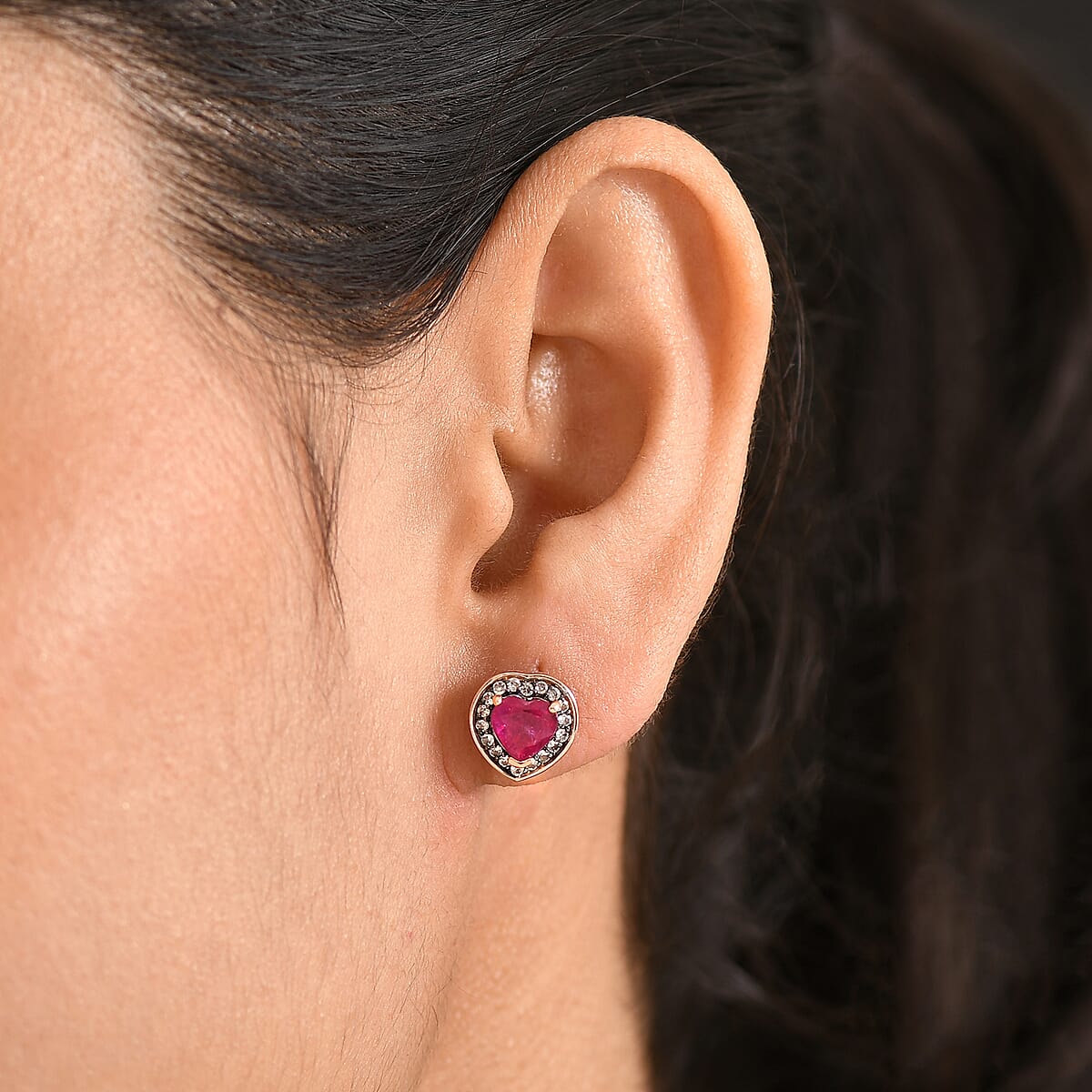 D'Joy Pemium Niassa Ruby (FF) and Champagne Zircon 2.85 ctw Bloodline Heart Earrings in 18K Vermeil Rose Gold Over Sterling Silver image number 2