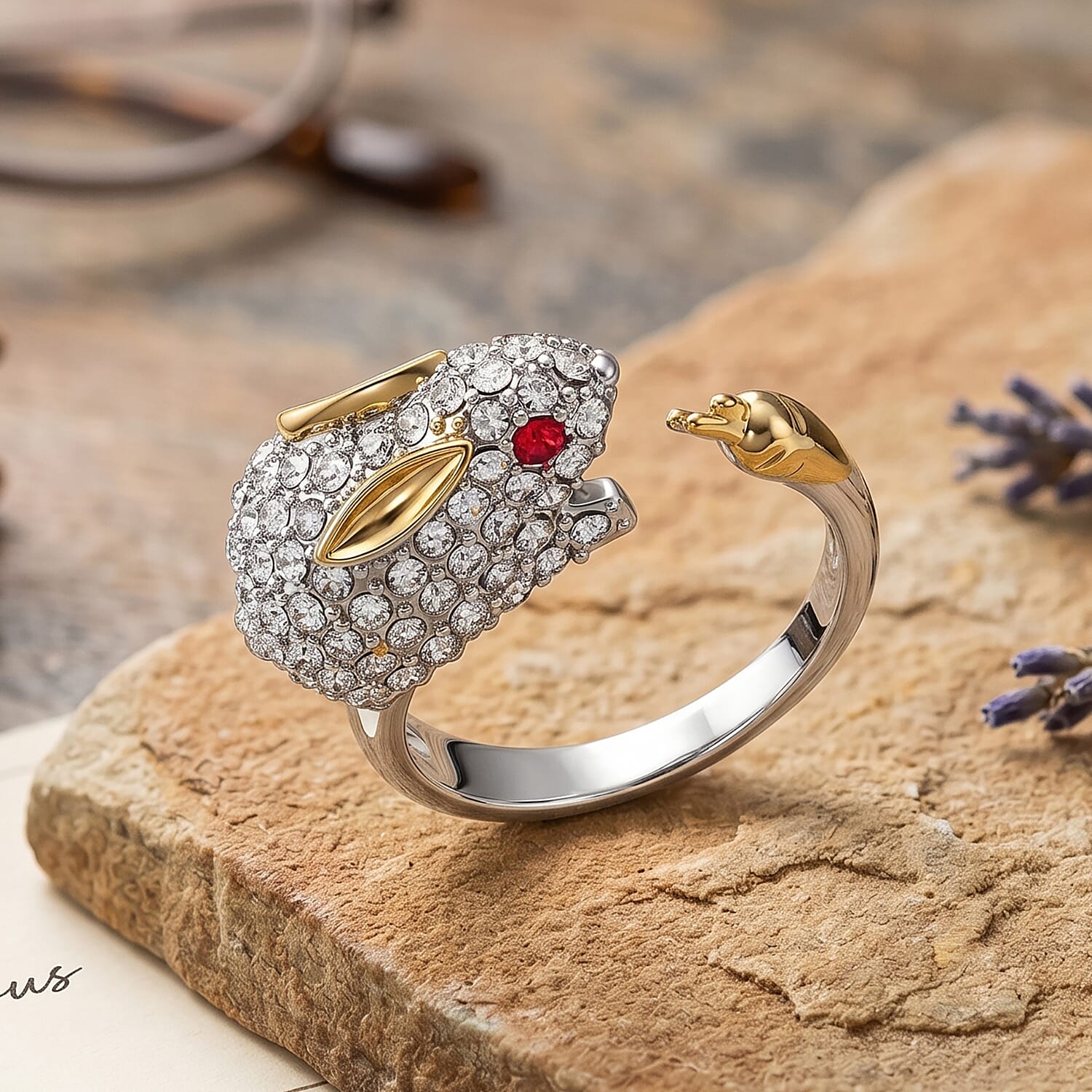 Simulated Orange and White Diamond Ring in Silvertone