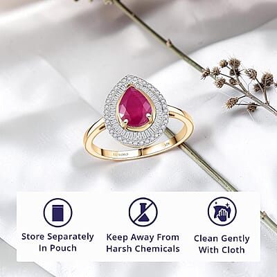 Luxoro AAA Montepuez Ruby and Diamond I2 2.28 ctw Flame Pear Ring in 10K Yellow Gold (Size 12.0)