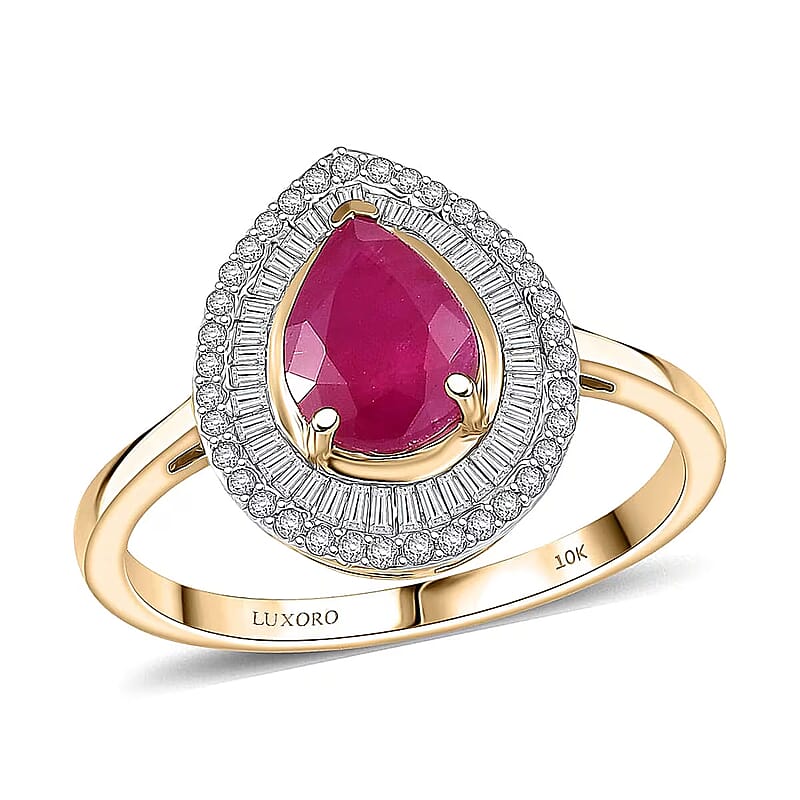 Luxoro AAA Montepuez Ruby and Diamond I2 2.28 ctw Flame Pear Ring in 10K Yellow Gold (Size 5.0)