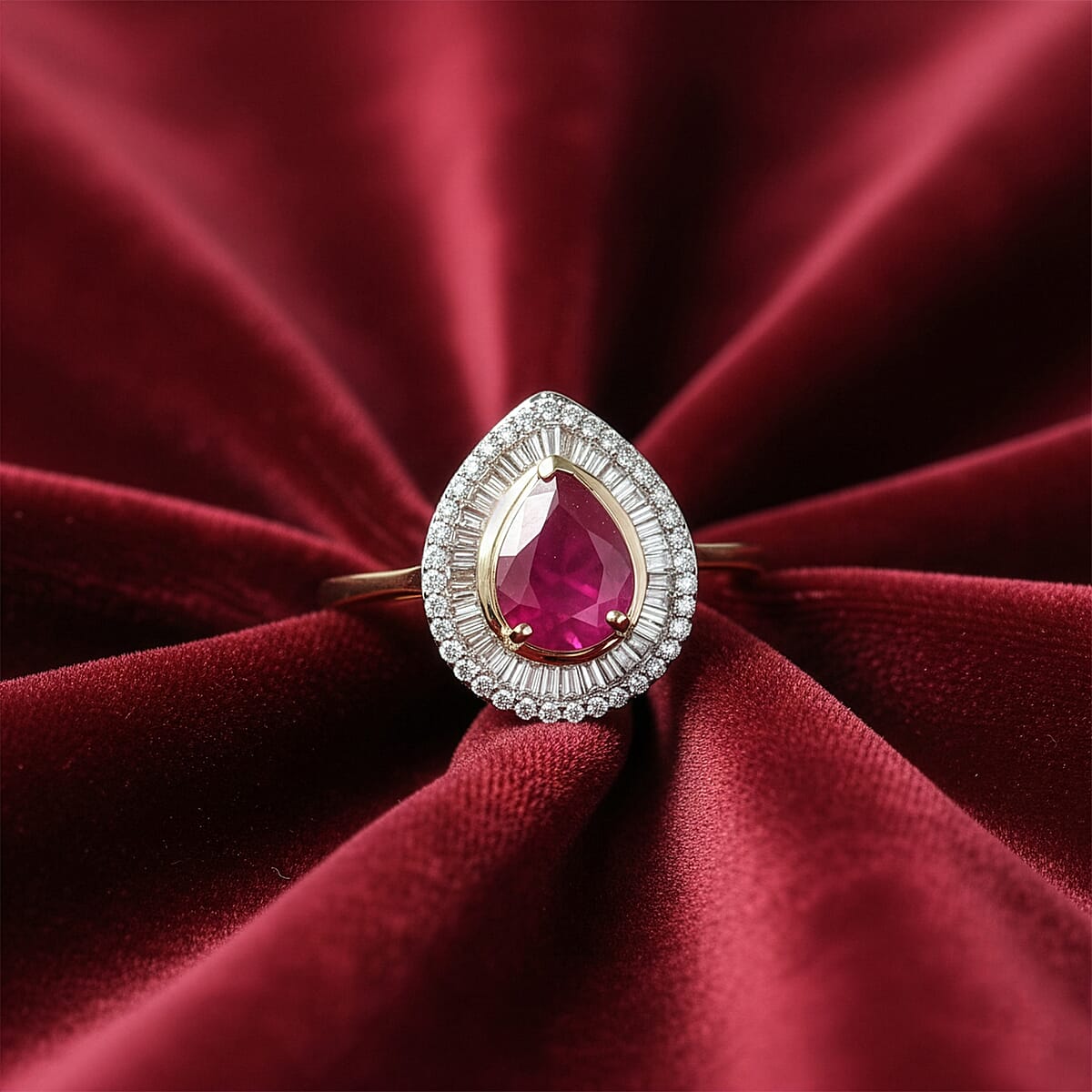 Luxoro AAA Montepuez Ruby and I2 Diamond 2.50 ctw Flame Pear Ring in 10K Yellow Gold (Size 6.0) (Del. in 10-12 Days) image number 1