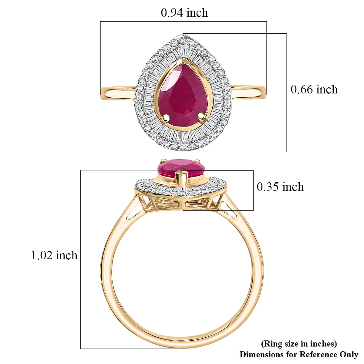 Luxoro AAA Montepuez Ruby and I2 Diamond 2.50 ctw Flame Pear Ring in 10K Yellow Gold (Size 6.0) (Del. in 10-12 Days) image number 5