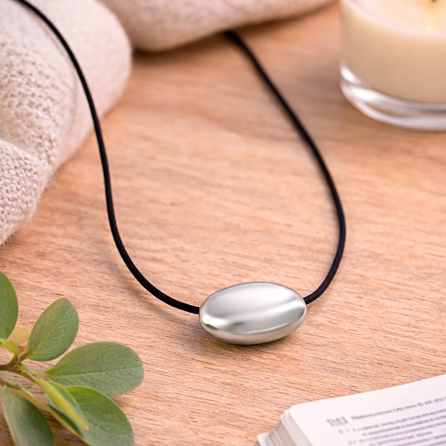 Rope Necklace with Oval Charm in Stainless Steel (28-32 Inches)