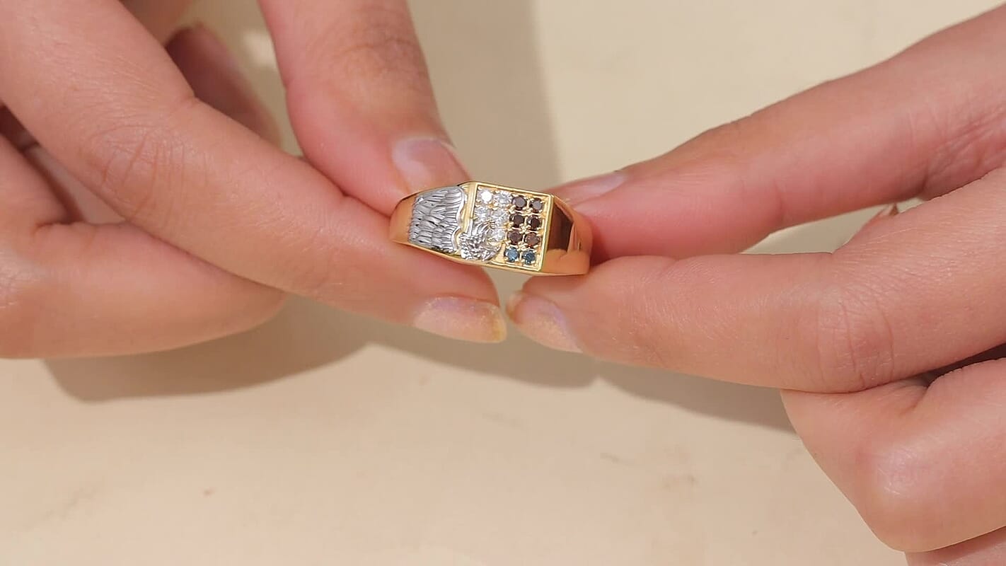 D'Joy Blue and Red Diamond (IR), Diamond Men's Ring in 18K Vermeil YG and Rhodium Over Sterling Silver (Size 10.0) 0.50 ctw