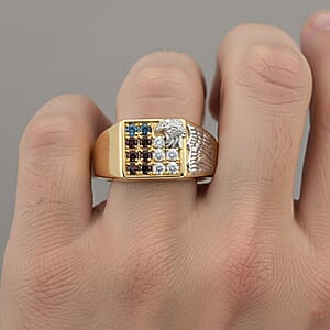 D'Joy Blue, Red and White Diamond 0.50 ctw Men's Ring in 18K Vermeil YG and Rhodium Over Sterling Silver (Size 11.0)