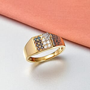 D'Joy Blue, Red and White Diamond 0.50 ctw Men's Ring in 18K Vermeil YG and Rhodium Over Sterling Silver (Size 12.0) (Del. in 8-10 Days) 