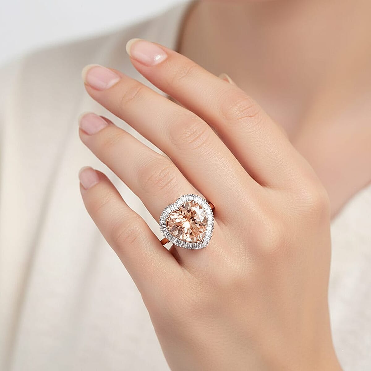 AAA Marropino Morganite and G-H I2 Diamond 5.40 ctw Heart Ring in 14K Rose Gold (Size  7.5) image number 2