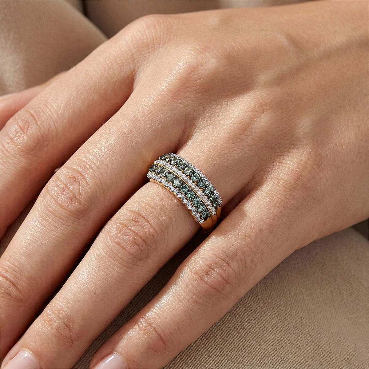 Luxuriant Lab Grown Green Diamond (IR) and Lab Grown Diamond (SI) Green Symphony Band Ring in 18K Vermeil YG Over Sterling Silver (Size 6.0) 1.00 ctw image number 2