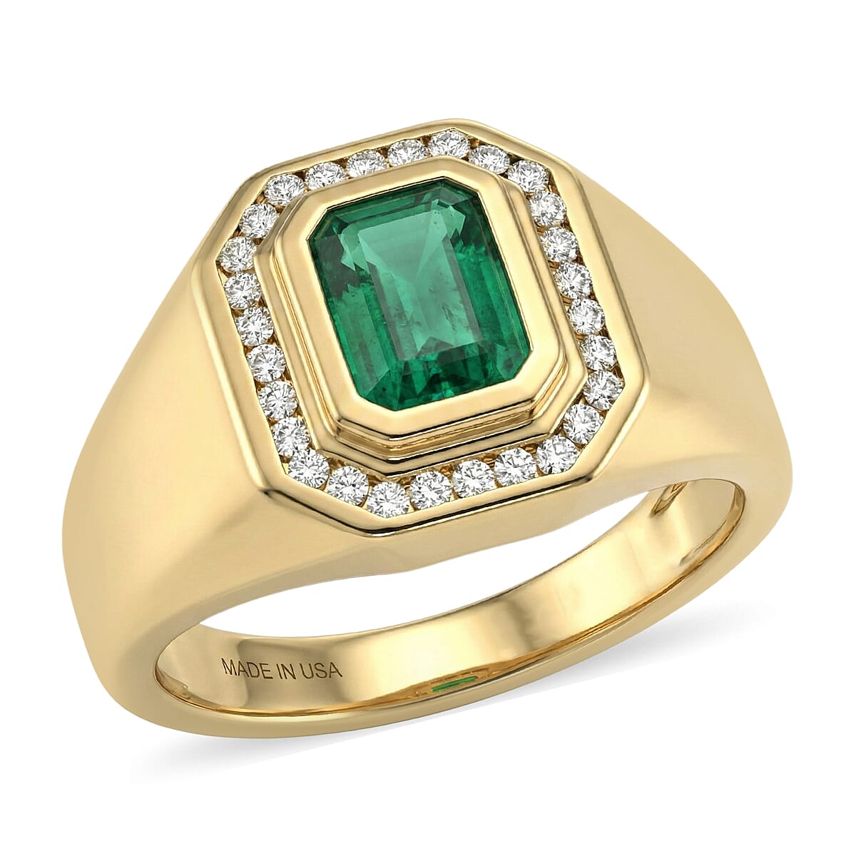 D'Joy Premium Kagem Zambian Emerald, Moissanite Men's Ring in 18K Vermeil YG Over Sterling Silver (Size 10.0) 1.75 ctw