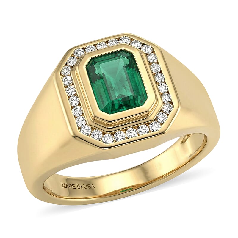 D'Joy Premium Kagem Zambian Emerald and Moissanite 1.75 ctw Men's Ring in 18K Vermeil Yellow Gold Over Sterling Silver (Size 13.0)