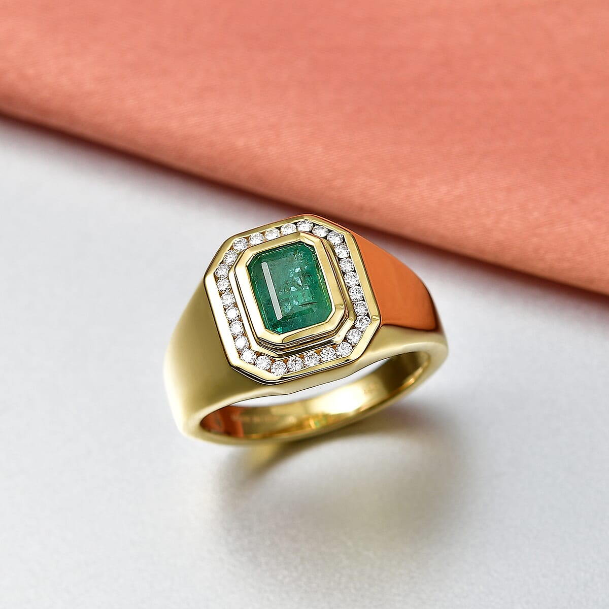 D'Joy Premium Kagem Zambian Emerald and Moissanite 1.75 ctw Men's Ring in 18K Vermeil Yellow Gold Over Sterling Silver (Size 13.0) image number 1