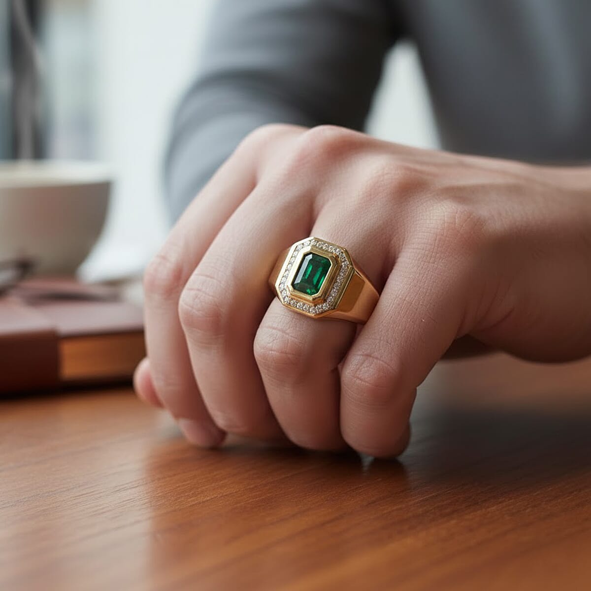 D'Joy Premium Kagem Zambian Emerald and Moissanite 1.75 ctw Men's Ring in 18K Vermeil Yellow Gold Over Sterling Silver (Size 13.0) image number 2