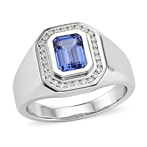 D'Joy Tanzanite and Moissanite 1.90 ctw Men's Ring in Rhodium Over Sterling Silver (Size 11.0)