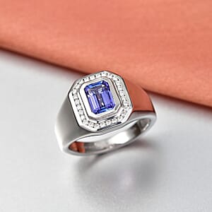 D'Joy Tanzanite and Moissanite 1.90 ctw Men's Ring in Rhodium Over Sterling Silver (Size 14.0)
