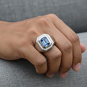 D'Joy Tanzanite and Moissanite 1.90 ctw Men's Ring in Rhodium Over Sterling Silver (Size 14.0)