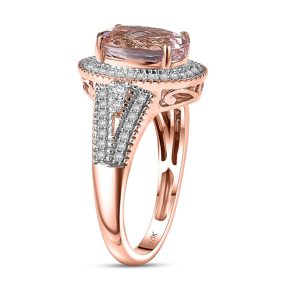 Luxoro Premium Pink Morganite and Diamond I2 2.90 ctw Rose Temptation Ring in 10K Rose Gold (Size 10.0) image number 3
