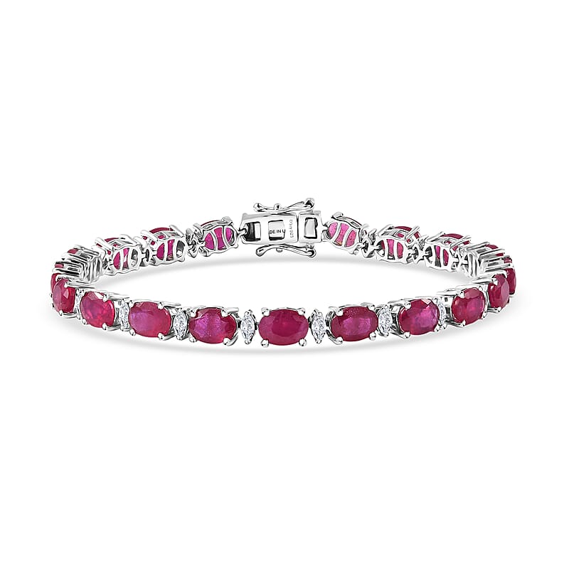 D'Joy Premium Niassa Ruby (FF) and Moissanite 23.15 ctw Red Reign Line Bracelet in Rhodium Over Sterling Silver (7.25 In)