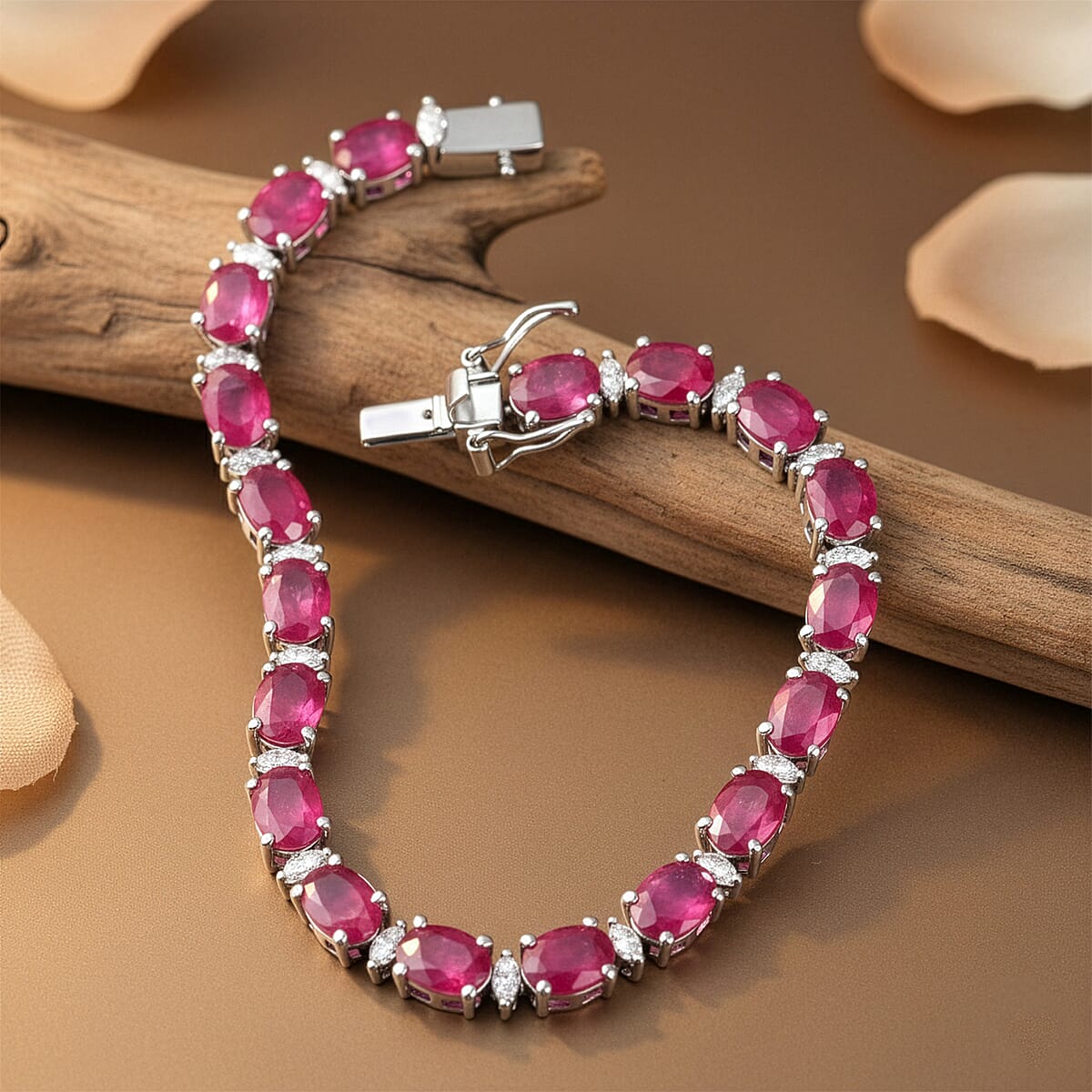 D'Joy Premium Niassa Ruby (FF) and Moissanite 23.15 ctw Red Reign Line Bracelet in Rhodium Over Sterling Silver (7.25 In) image number 1