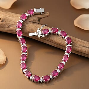 D'Joy Premium Niassa Ruby (FF) and Moissanite 23.15 ctw Red Reign Line Bracelet in Rhodium Over Sterling Silver (7.25 In)