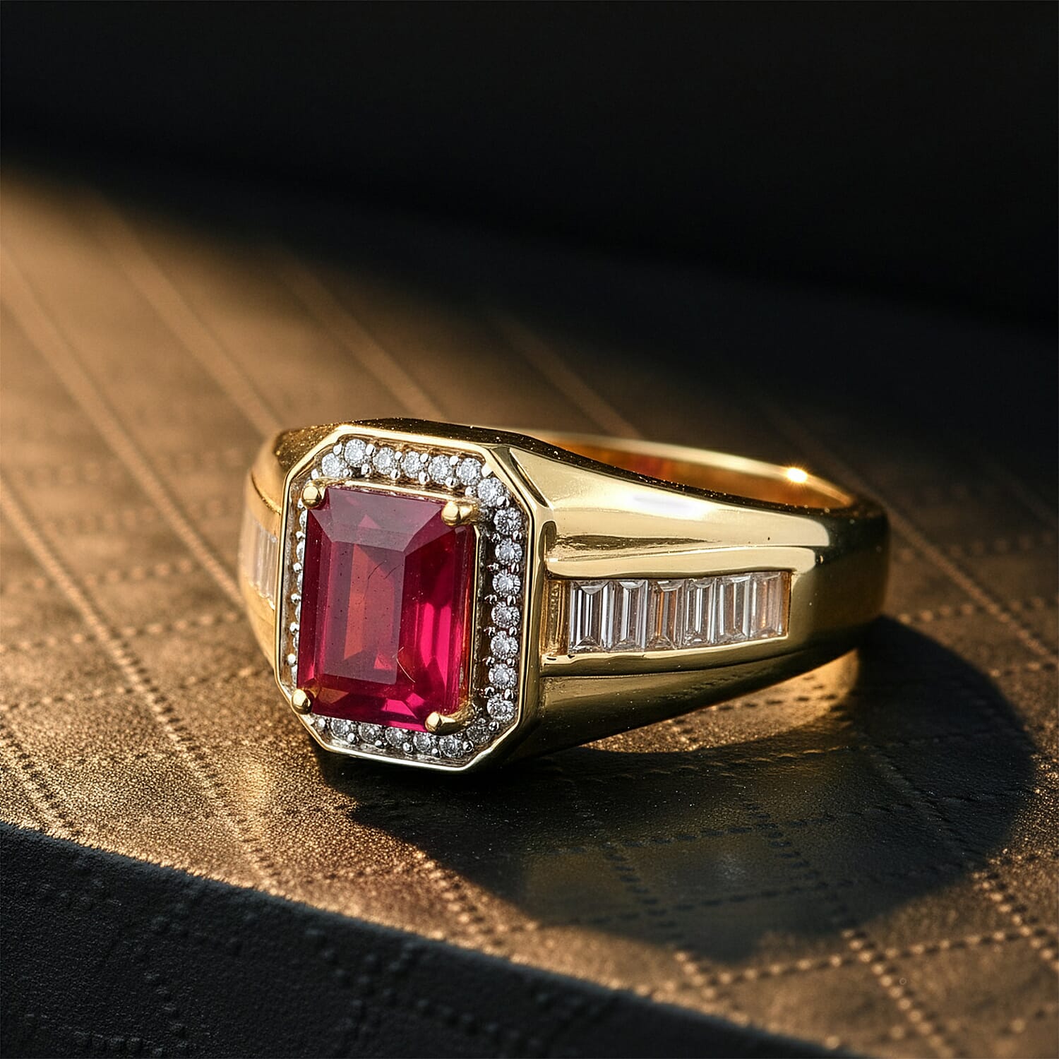 D'Joy Premium Niassa Ruby (FF) and Moissanite 4.40 ctw Men's Ring in 18K Vermeil Yellow Gold Over Sterling Silver (Size 10.0)