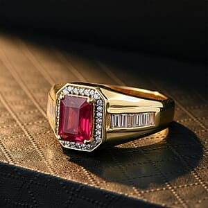 D'Joy Premium Niassa Ruby (FF) and Moissanite 4.40 ctw Men's Ring in 18K Vermeil Yellow Gold Over Sterling Silver (Size 10.0)