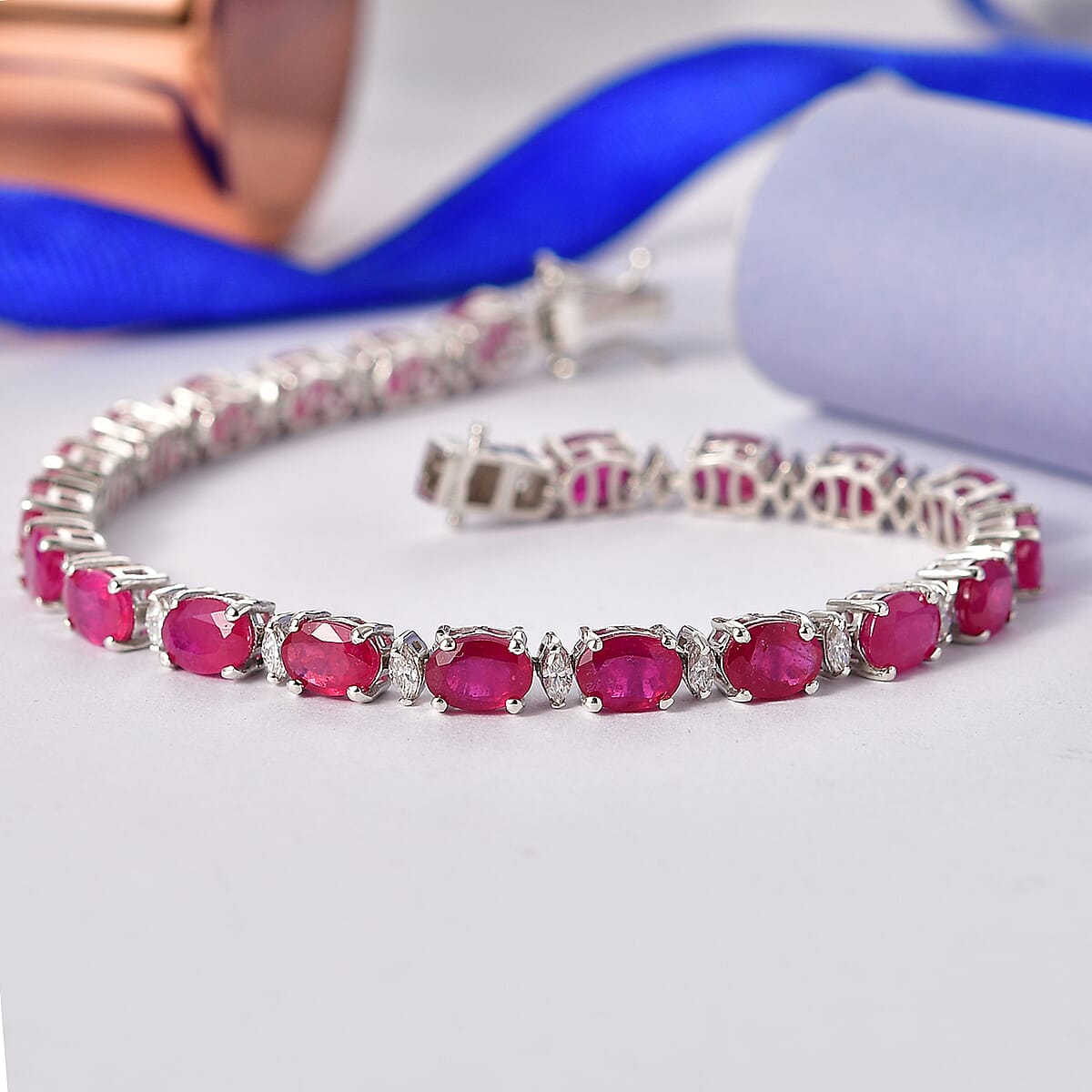 D'Joy Premium Niassa Ruby (FF) and Moissanite 20.70 ctw Red Reign Line Bracelet in Rhodium Over Sterling Silver (6.50 In) image number 1