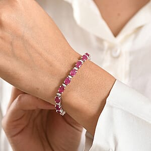 D'Joy Premium Niassa Ruby (FF) and Moissanite 20.70 ctw Red Reign Line Bracelet in Rhodium Over Sterling Silver (6.50 In)