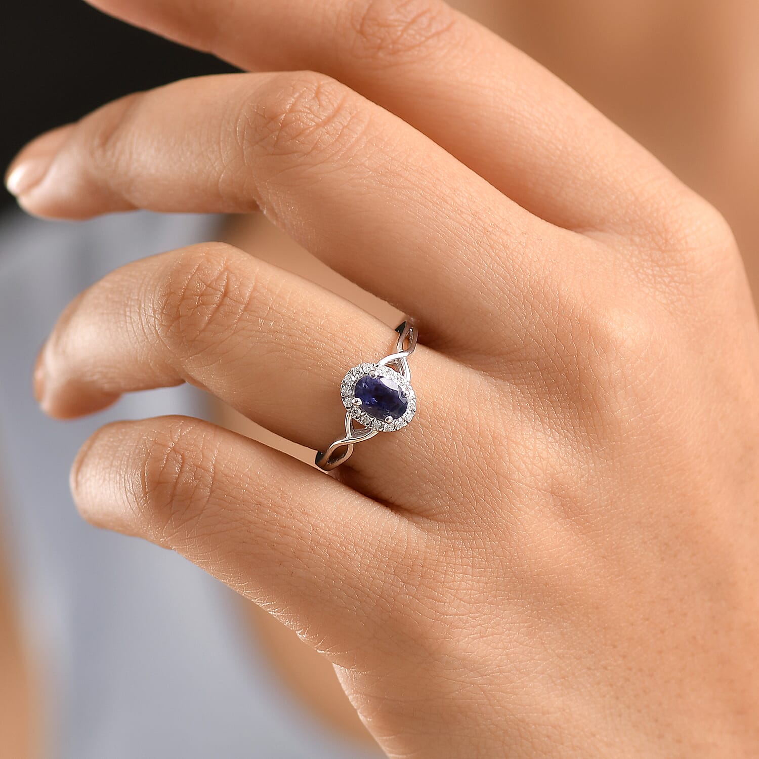 D'Joy Premium Catalina Iolite and Moissanite 0.85 ctw Infinity Ring in Rhodium Over Sterling Silver (Size 6.0)