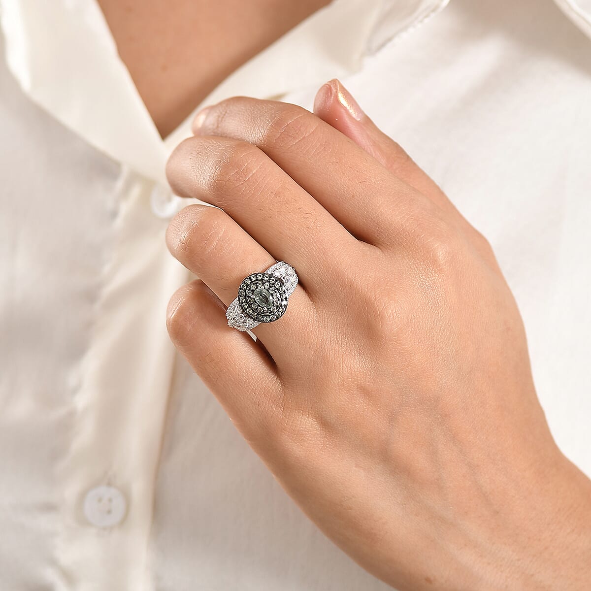 D'Joy Premium Green Sapphire, Moissanite Ring in Rhodium Over Sterling Silver (Size 10.0) 2.00 ctw image number 2