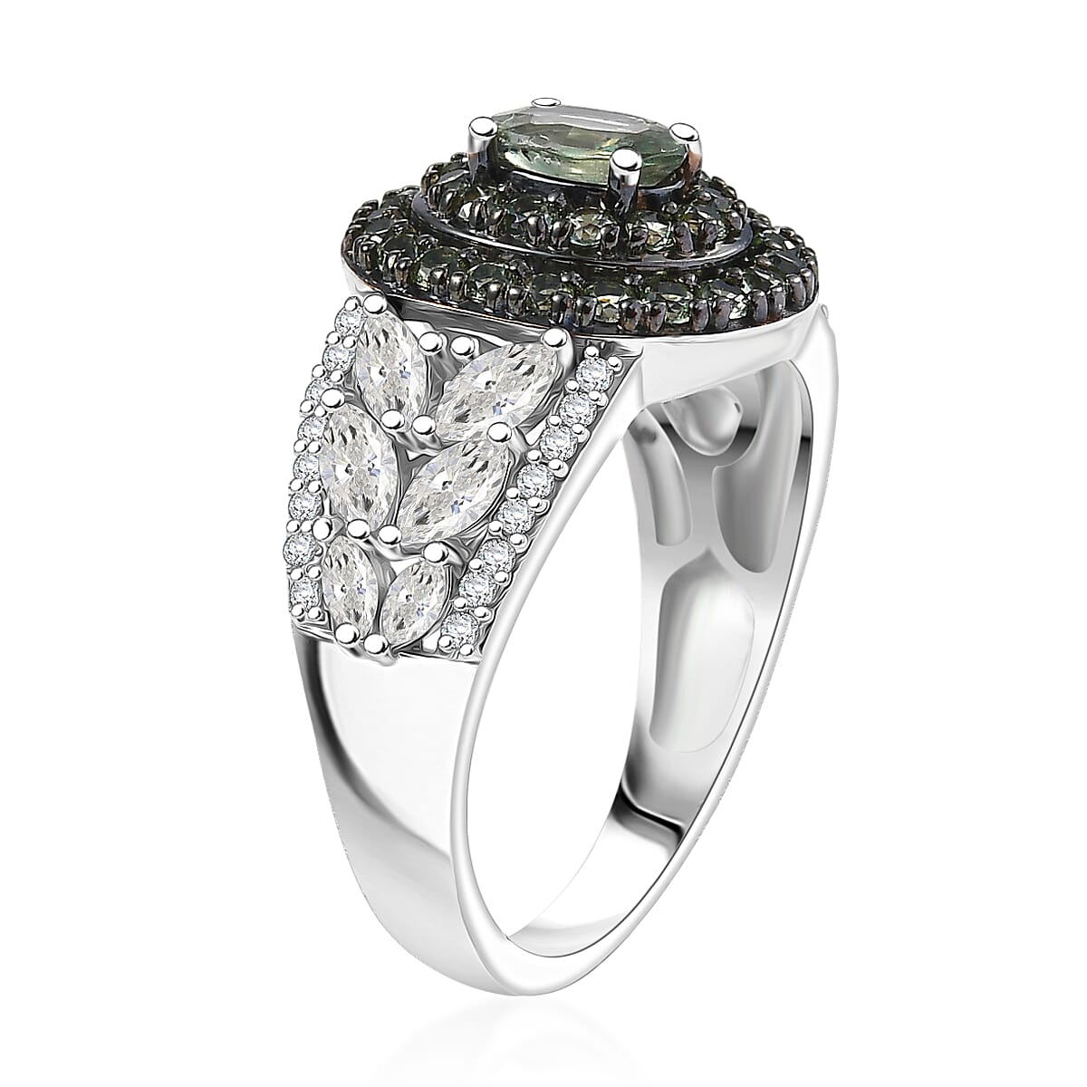D'Joy Premium Green Sapphire, Moissanite Ring in Rhodium Over Sterling Silver (Size 10.0) 2.00 ctw image number 3