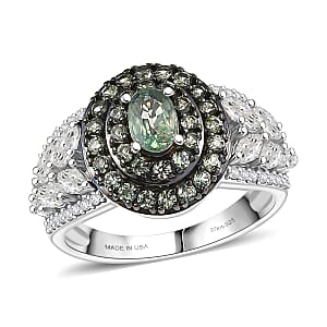 D'Joy Premium Green Sapphire and Moissanite 2.15 ctw Garden Halo Ring in Rhodium Over Sterling Silver (Size 7.0)