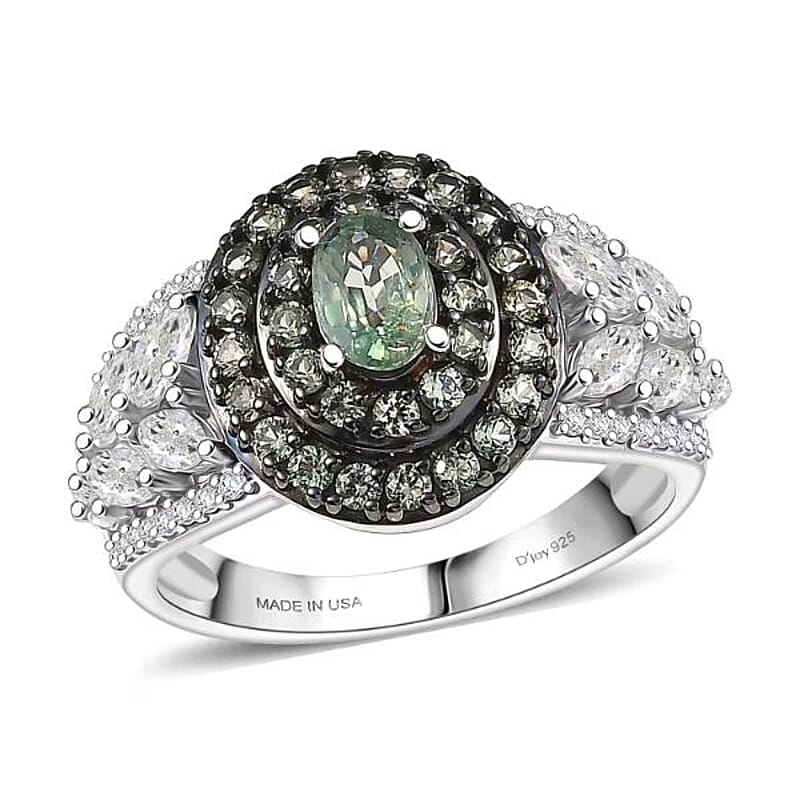 D'Joy Premium Milanoa Green Sapphire and Moissanite 2.15 ctw Garden Halo Ring in Rhodium Over Sterling Silver (Size 7.0)