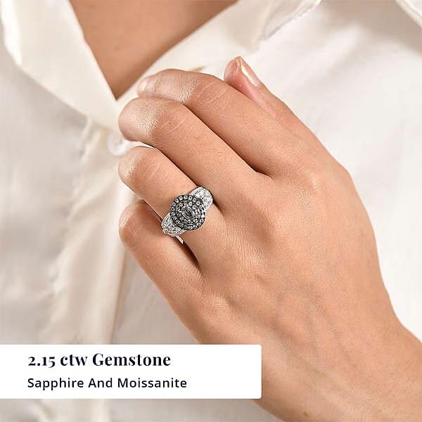 D'Joy Premium Green Sapphire, Moissanite Ring in Rhodium Over Sterling Silver (Size 10.0) 2.00 ctw