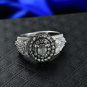 D'Joy Premium Green Sapphire and Moissanite 2.15 ctw Garden Halo Ring in Rhodium Over Sterling Silver (Size 7.0)