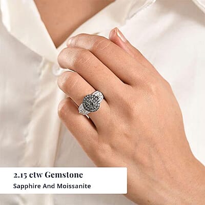 D'Joy Premium Milanoa Green Sapphire and Moissanite 2.15 ctw Garden Halo Ring in Rhodium Over Sterling Silver (Size 7.0)