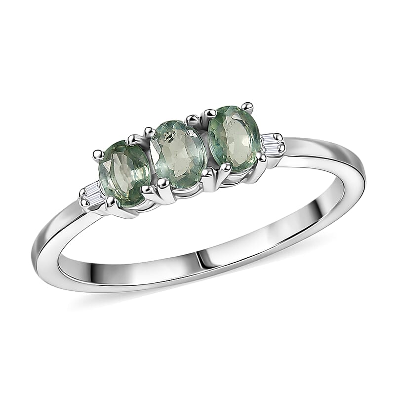 D'Joy Premium Milanoa Green Sapphire and Diamond 0.85 ctw Trinity Ring in Rhodium Over Sterling Silver (Size 10.0)