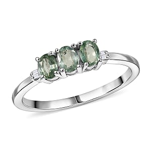 D'Joy Premium Green Sapphire and Diamond 0.75 ctw Trinity Ring in Rhodium Over Sterling Silver (Size 7.0)