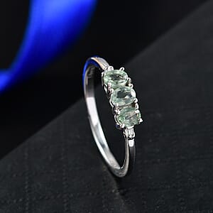 D'Joy Premium Green Sapphire and Diamond 0.75 ctw Trinity Ring in Rhodium Over Sterling Silver (Size 7.0)