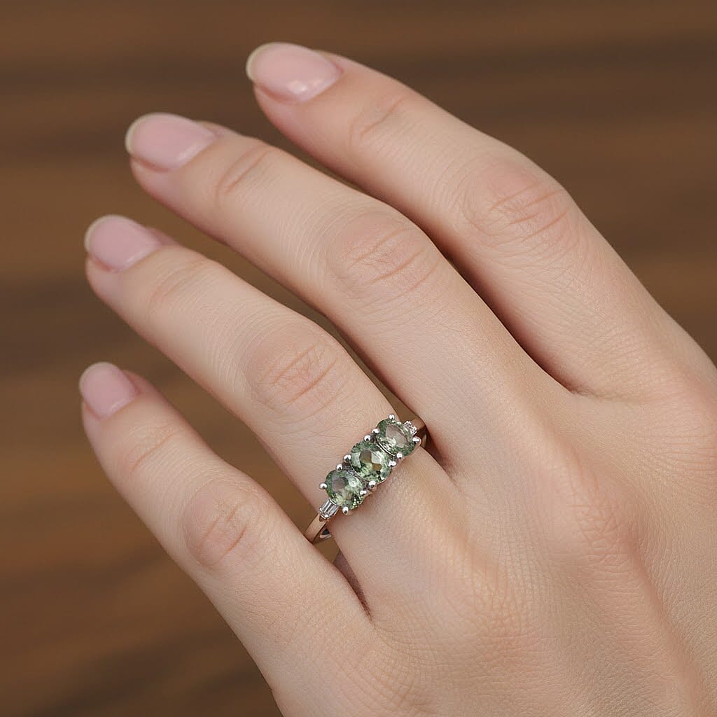 D'Joy Premium Milanoa Green Sapphire and Diamond 0.85 ctw Trinity Ring in Rhodium Over Sterling Silver (Size 7.0)
