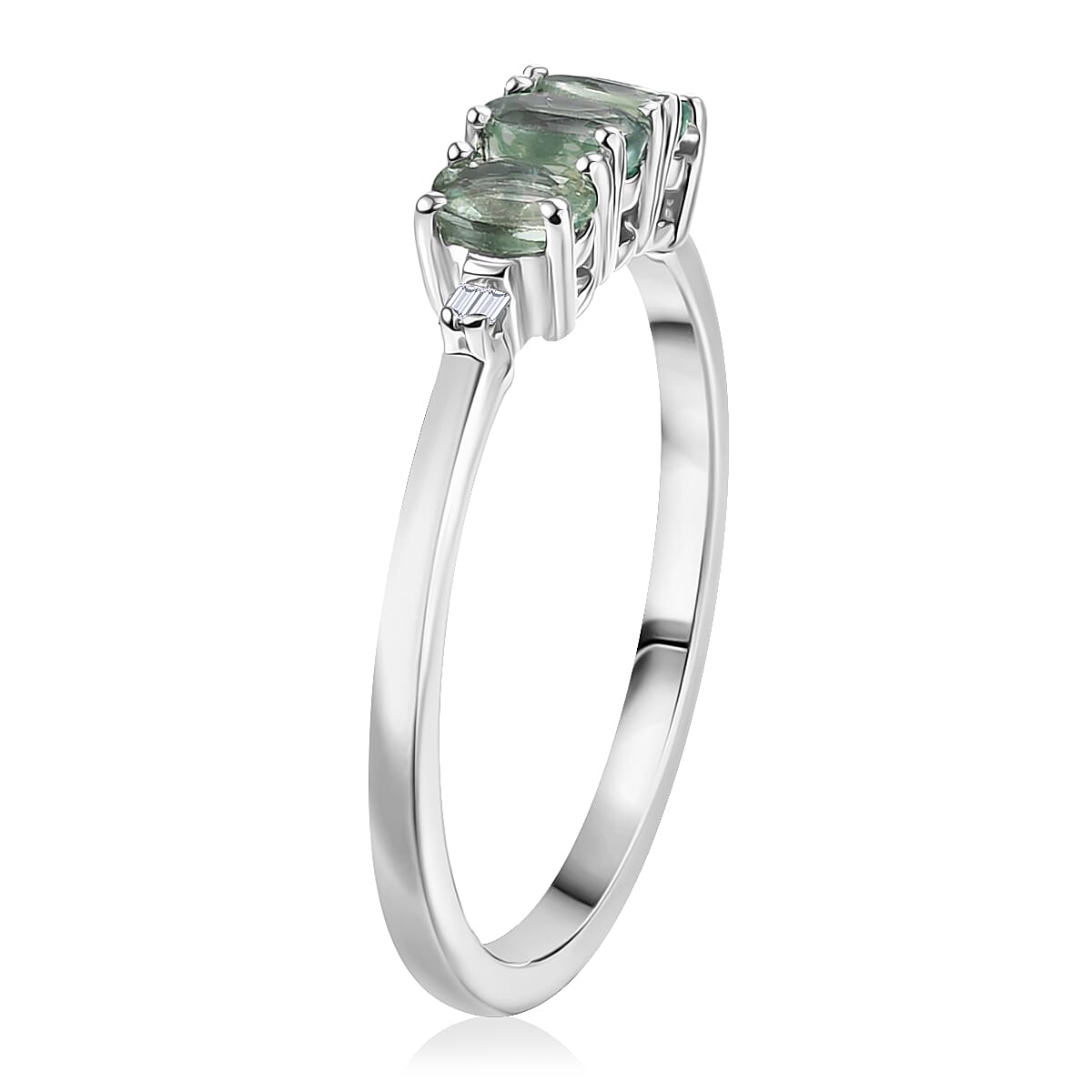D'Joy Premium Green Sapphire and Diamond 0.75 ctw Trinity Ring in Rhodium Over Sterling Silver (Size 7.0) image number 3