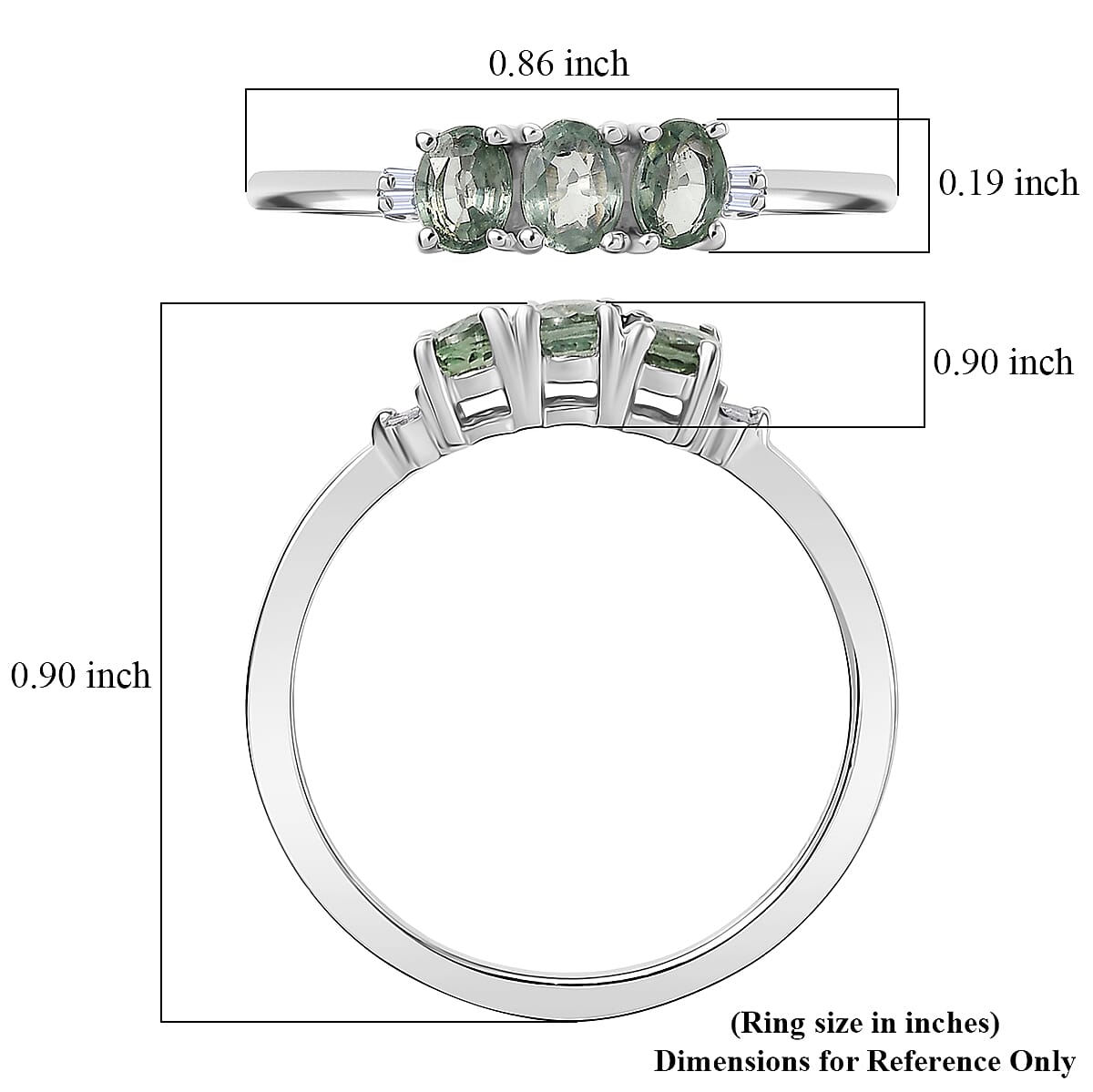 D'Joy Premium Green Sapphire and Diamond 0.75 ctw Trinity Ring in Rhodium Over Sterling Silver (Size 7.0) image number 5