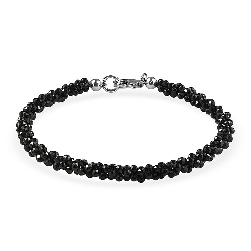 D'Joy Thai Black Spinel 27.00 ctw Twisted 3-Row Beaded Bracelet in Rhodium Over Sterling Silver (7.25 In)