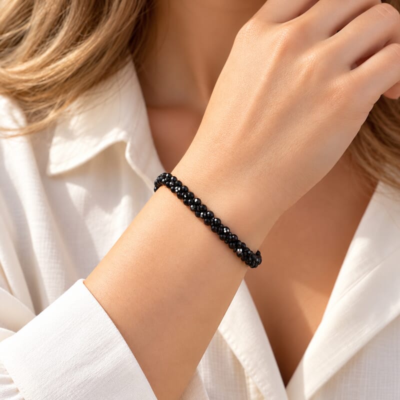 D'Joy Thai Black Spinel 20.00 ctw Twisted 3-Row Beaded Bracelet in Rhodium Over Sterling Silver (7.25 In)