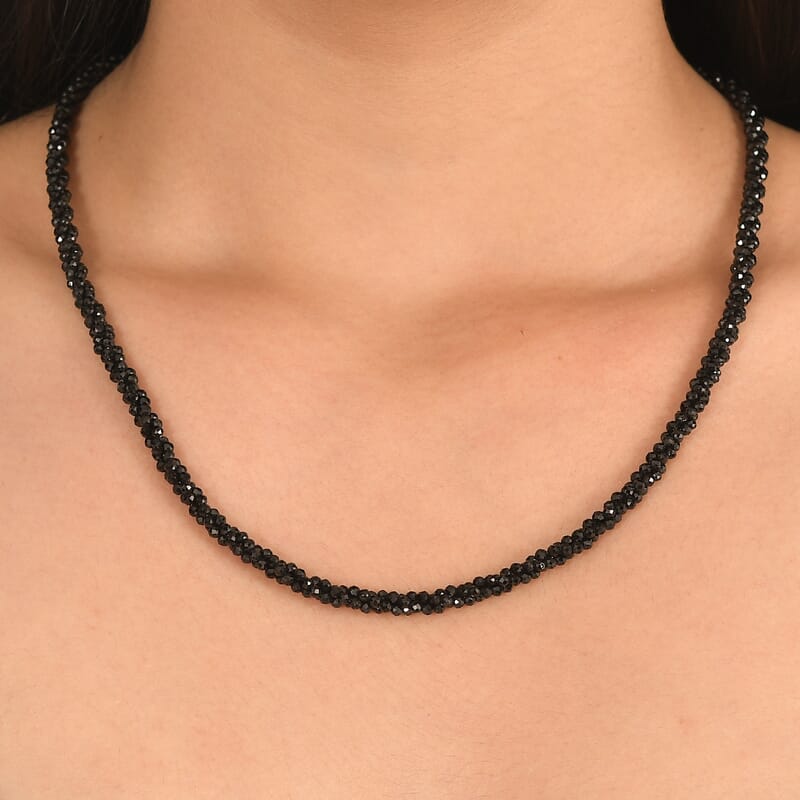 D'Joy Thai Black Spinel 78.00 ctw Twisted 3-Row Beaded Necklace in Rhodium Over Sterling Silver (20 Inches)