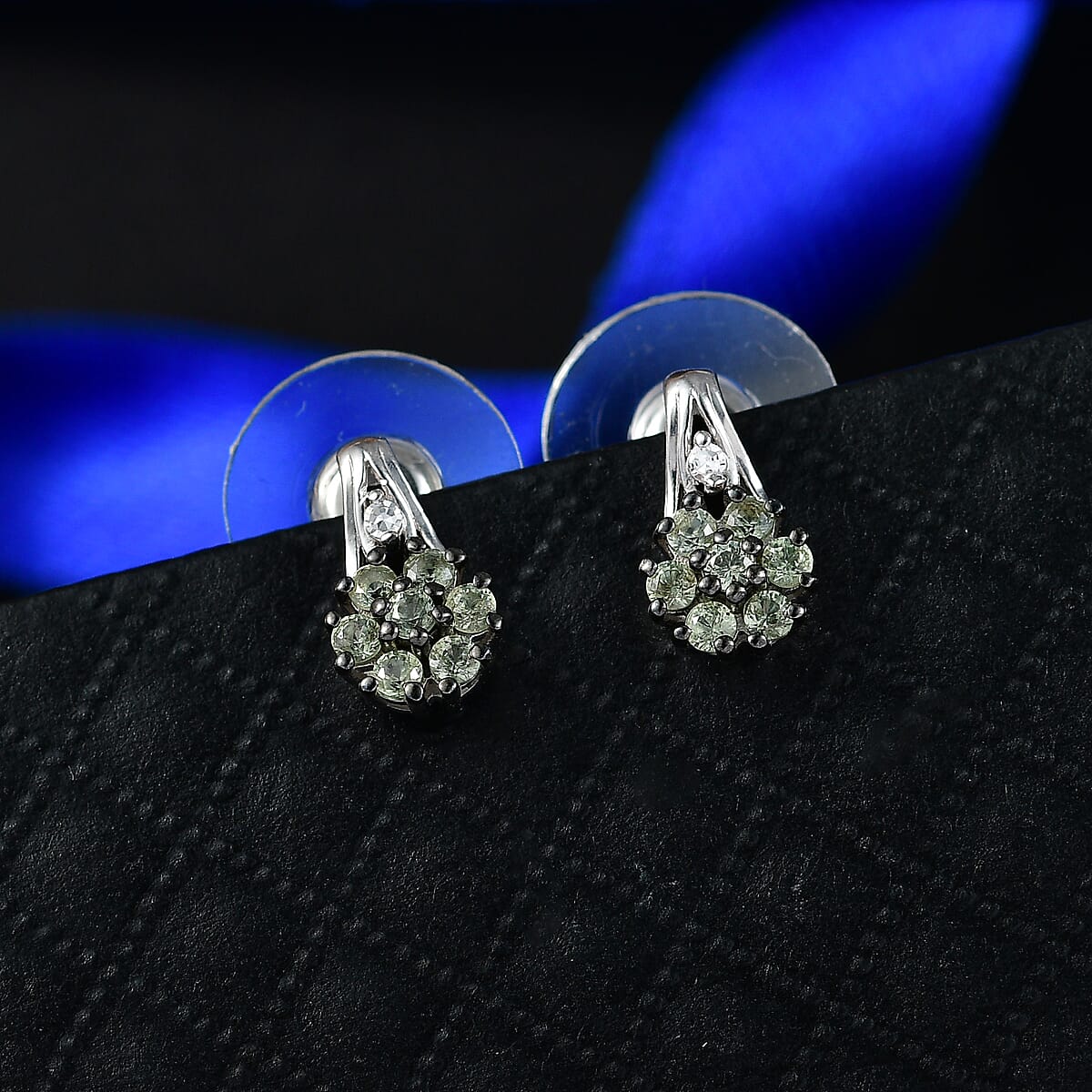 Premium Green Sapphire and Luxuriant Lab Grown Diamond G-H SI 0.75 ctw Petal Bloom Earrings in Rhodium Over Sterling Silver image number 1