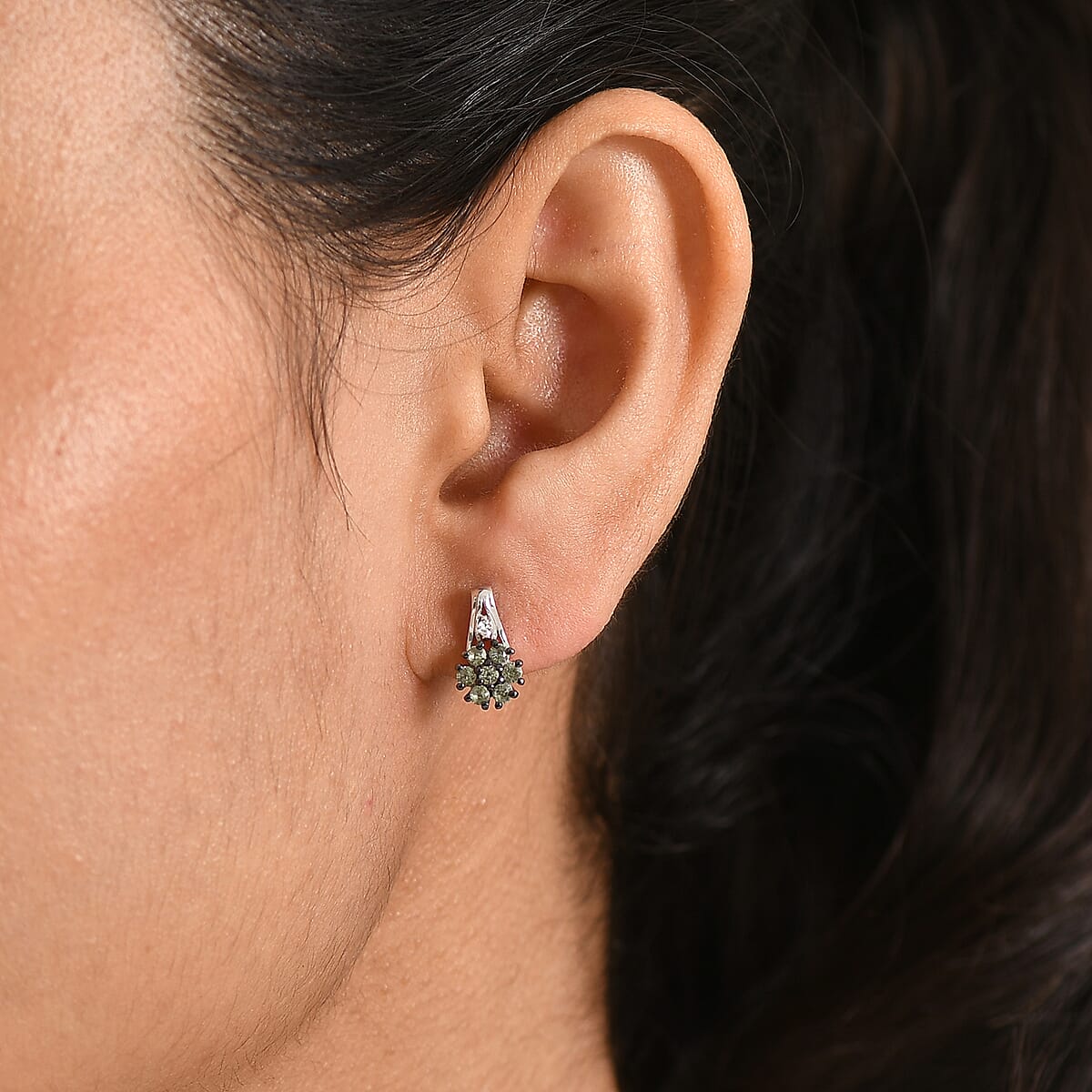 Premium Green Sapphire and Luxuriant Lab Grown Diamond G-H SI 0.75 ctw Petal Bloom Earrings in Rhodium Over Sterling Silver image number 2